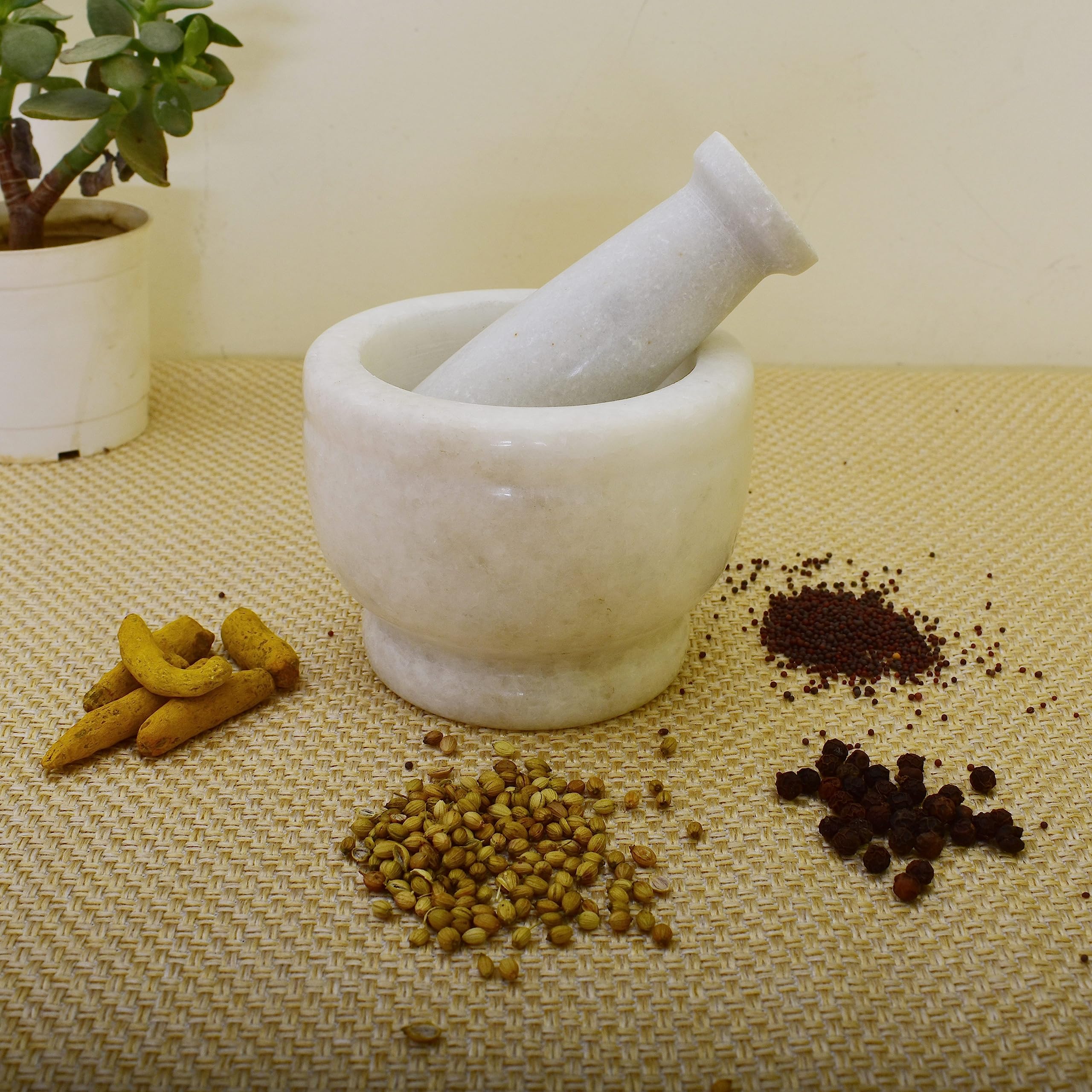 KunhaR Natural White Marble Mortar and Pestle Set, Imam Dasta, Ohkli Musal, Kharal - 4 x 3 Inches, White, (Half Polish) - Image 5