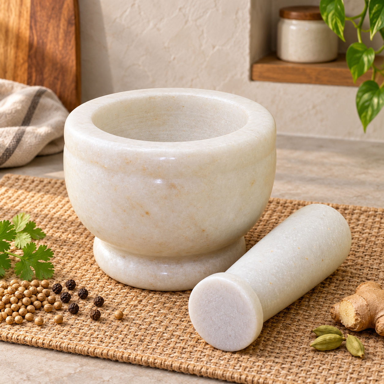 KunhaR Natural White Marble Mortar and Pestle Set, Imam Dasta, Ohkli Musal, Kharal - 4 x 3 Inches, White, (Half Polish)