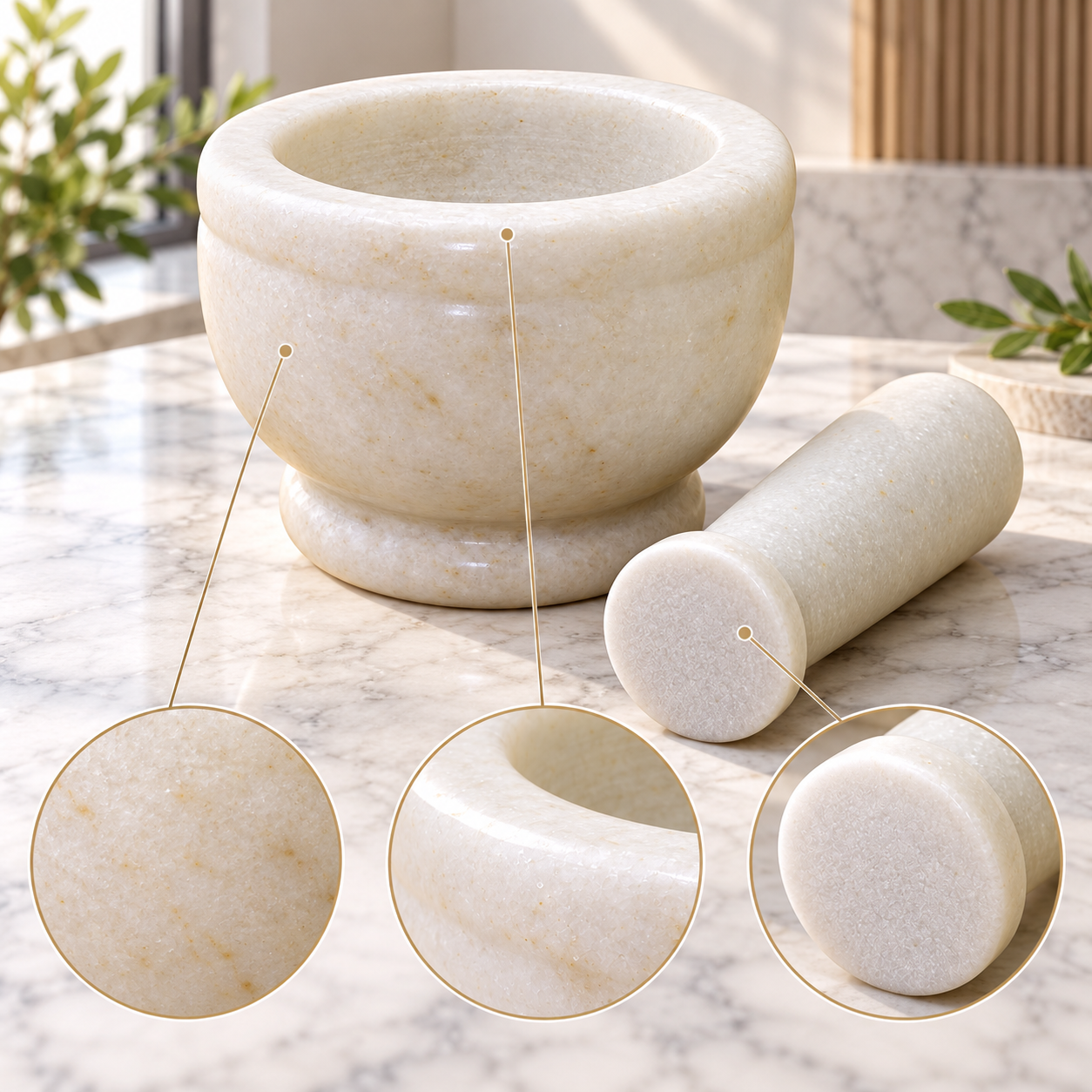 KunhaR Natural White Marble Mortar and Pestle Set, Imam Dasta, Ohkli Musal, Kharal - 4 x 3 Inches, White, (Half Polish) - Image 2