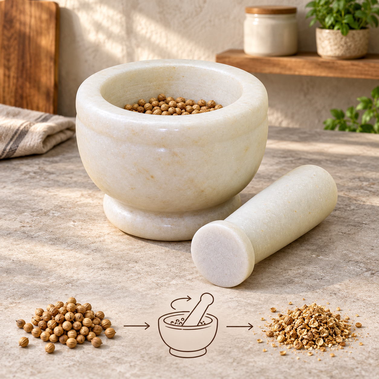 KunhaR Natural White Marble Mortar and Pestle Set, Imam Dasta, Ohkli Musal, Kharal - 4 x 3 Inches, White, (Half Polish) - Image 3