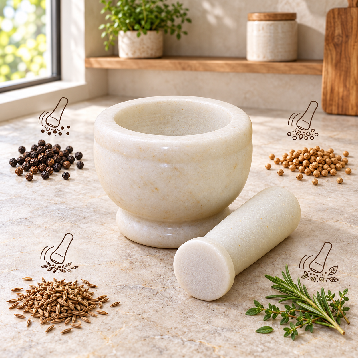 KunhaR Natural White Marble Mortar and Pestle Set, Imam Dasta, Ohkli Musal, Kharal - 4 x 3 Inches, White, (Half Polish) - Image 4