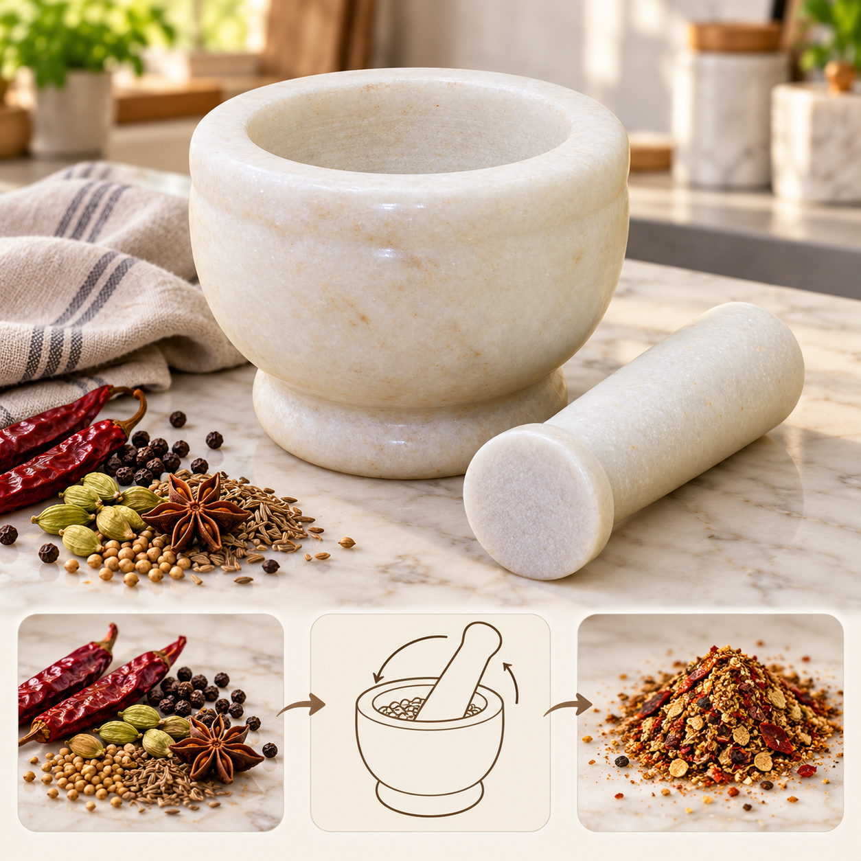 KunhaR Natural White Marble Mortar and Pestle Set, Imam Dasta, Ohkli Musal, Kharal - 4 x 3 Inches, White, (Half Polish) - Image 5