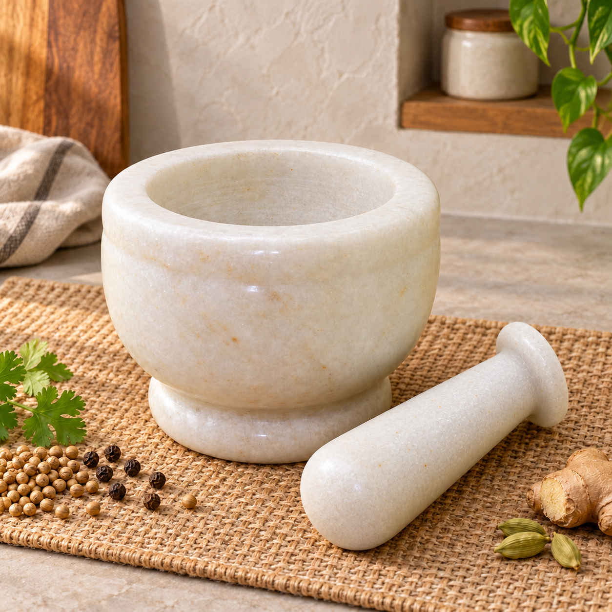 KunhaR Natural White Marble Mortar and Pestle Set, Imam Dasta, Ohkli Musal, Kharal - 4 x 3 Inches, White, (Half Polish)