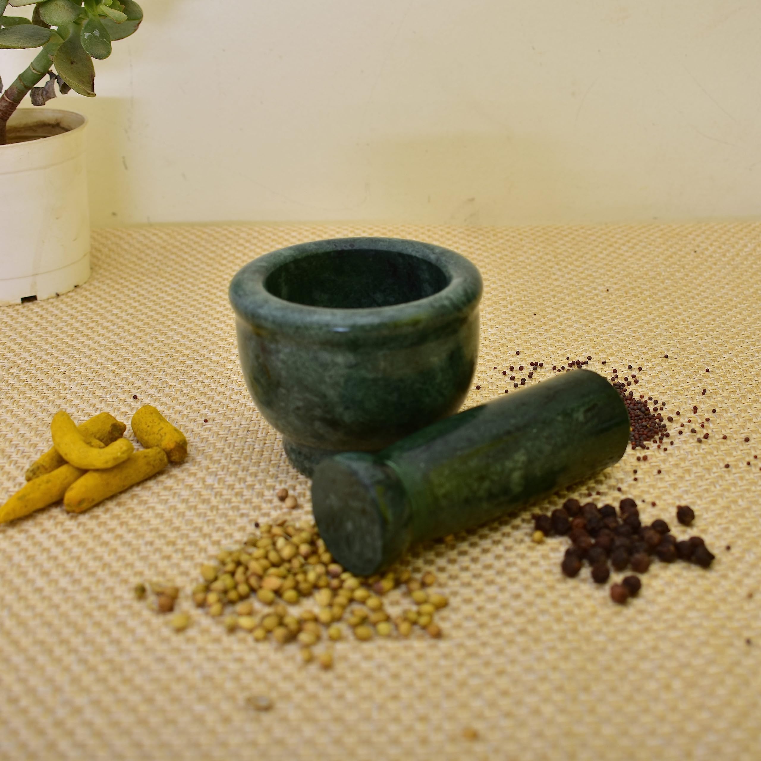 KunhaR Natural Green Marble Mortar and Pestle Set, Imam Dasta, Ohkli Musal, Kharal - 3 x 2.5 Inches, Green, (Half Polish) — product view 2