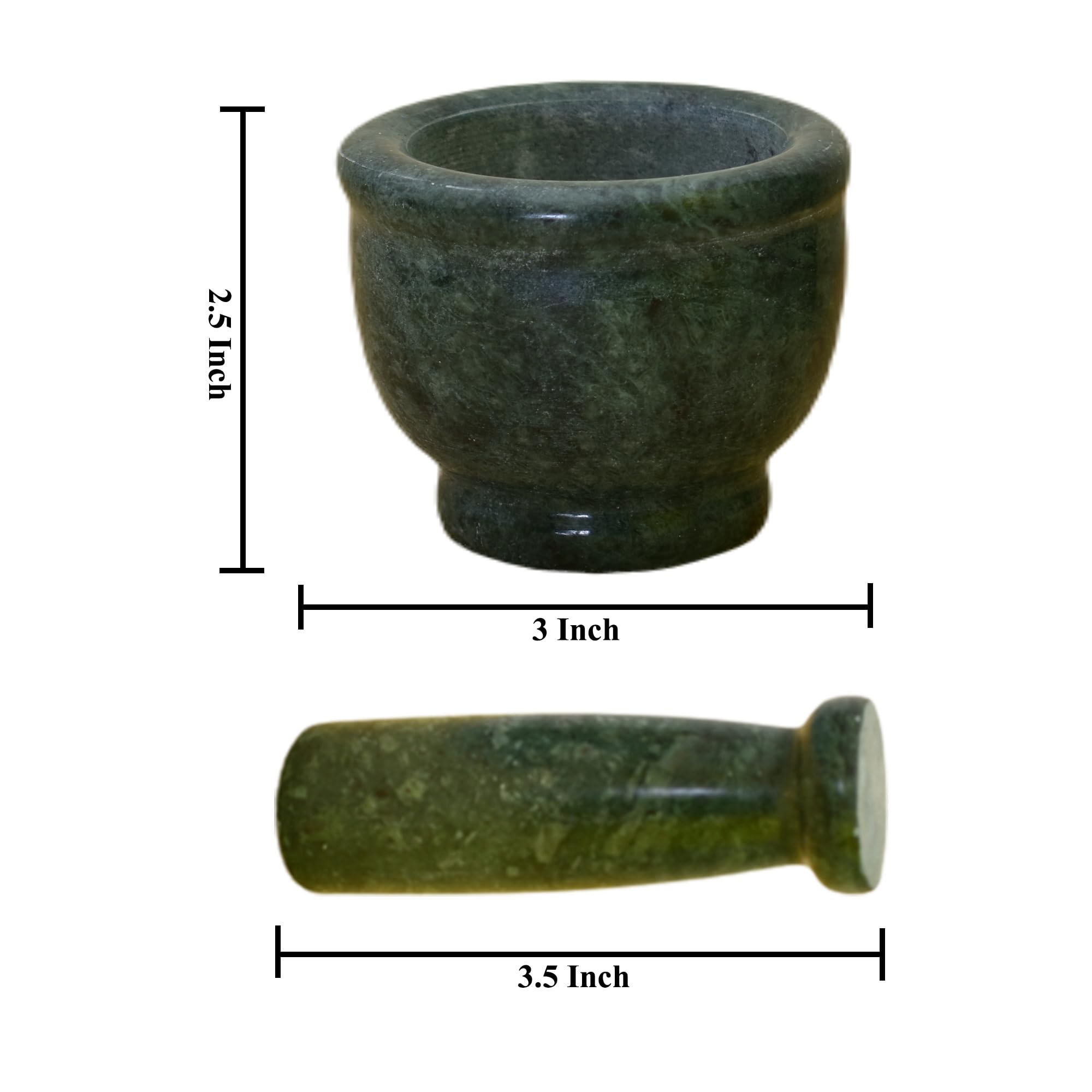 KunhaR Natural Green Marble Mortar and Pestle Set, Imam Dasta, Ohkli Musal, Kharal - 3 x 2.5 Inches, Green, (Half Polish) — product view 3