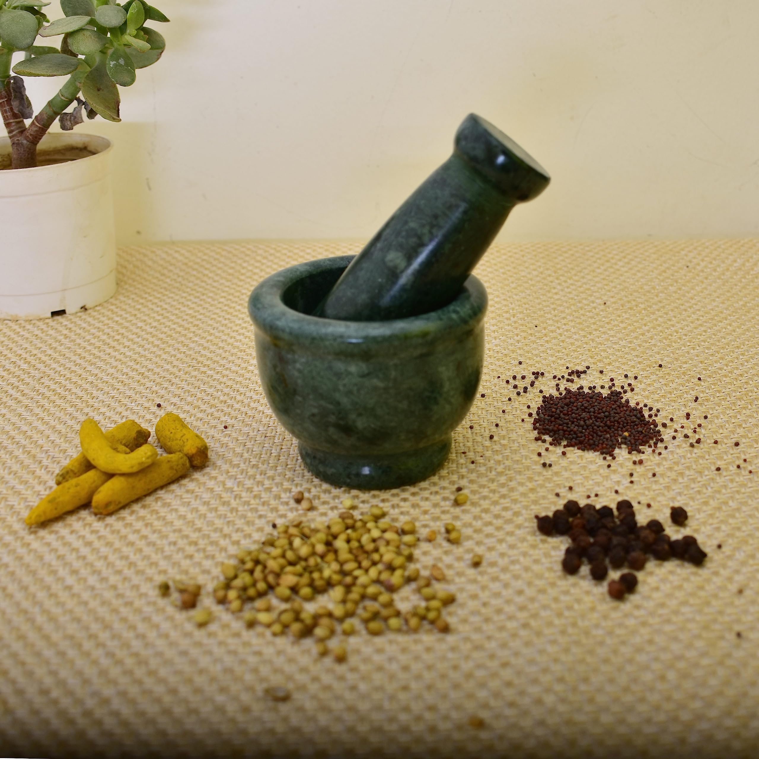 KunhaR Natural Green Marble Mortar and Pestle Set, Imam Dasta, Ohkli Musal, Kharal - 3 x 2.5 Inches, Green, (Half Polish) — product view 4