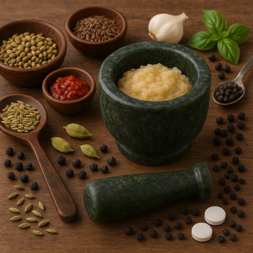 KunhaR Natural Green Marble Mortar and Pestle Set 3 x 2.5 Inches Full Polish – Imam Dasta Ohkli Musal Kharal Spice Grinder