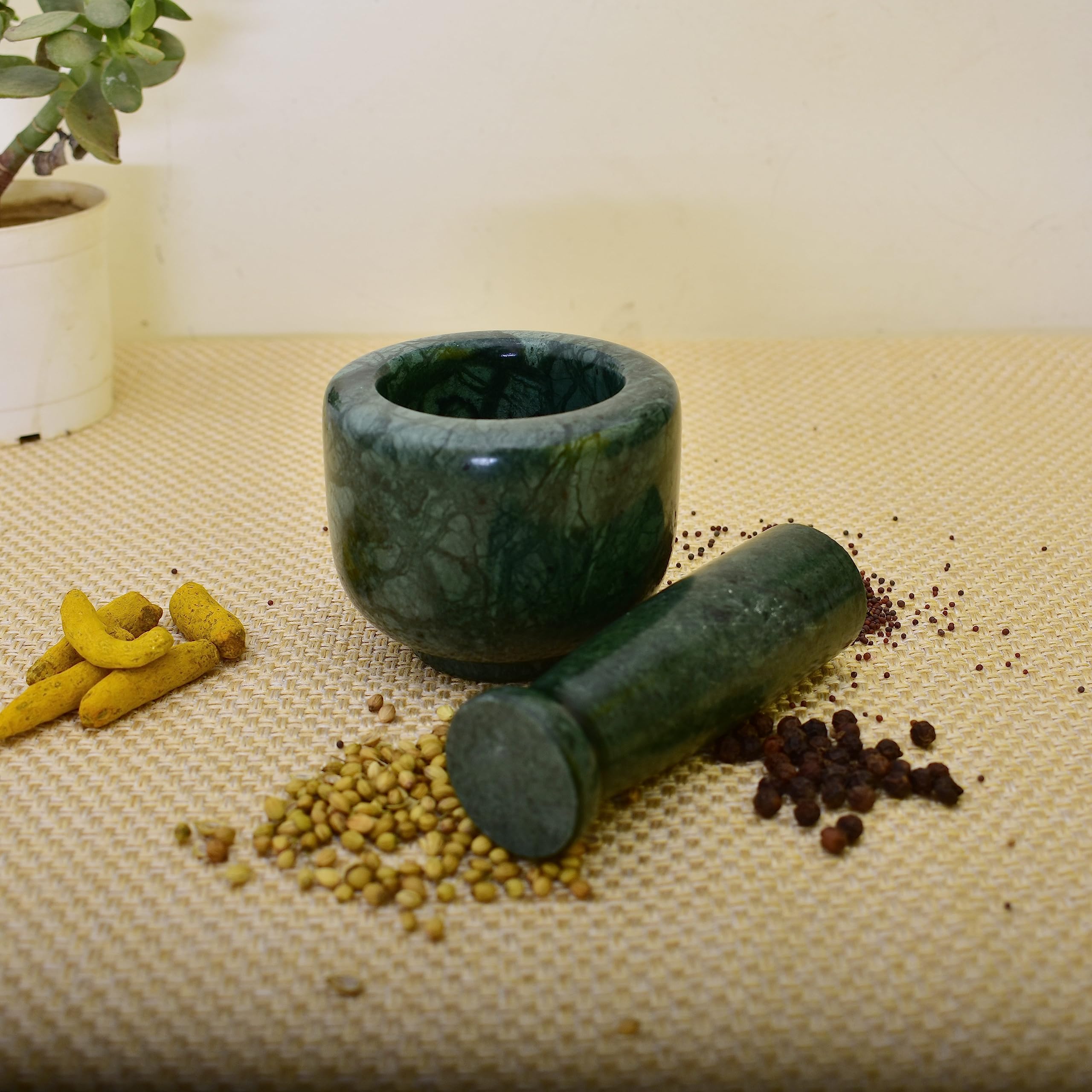 KunhaR Natural Green Marble Mortar and Pestle Set 3 x 2.5 Inches Full Polish – Imam Dasta Ohkli Musal Kharal Spice Grinder - Image 2