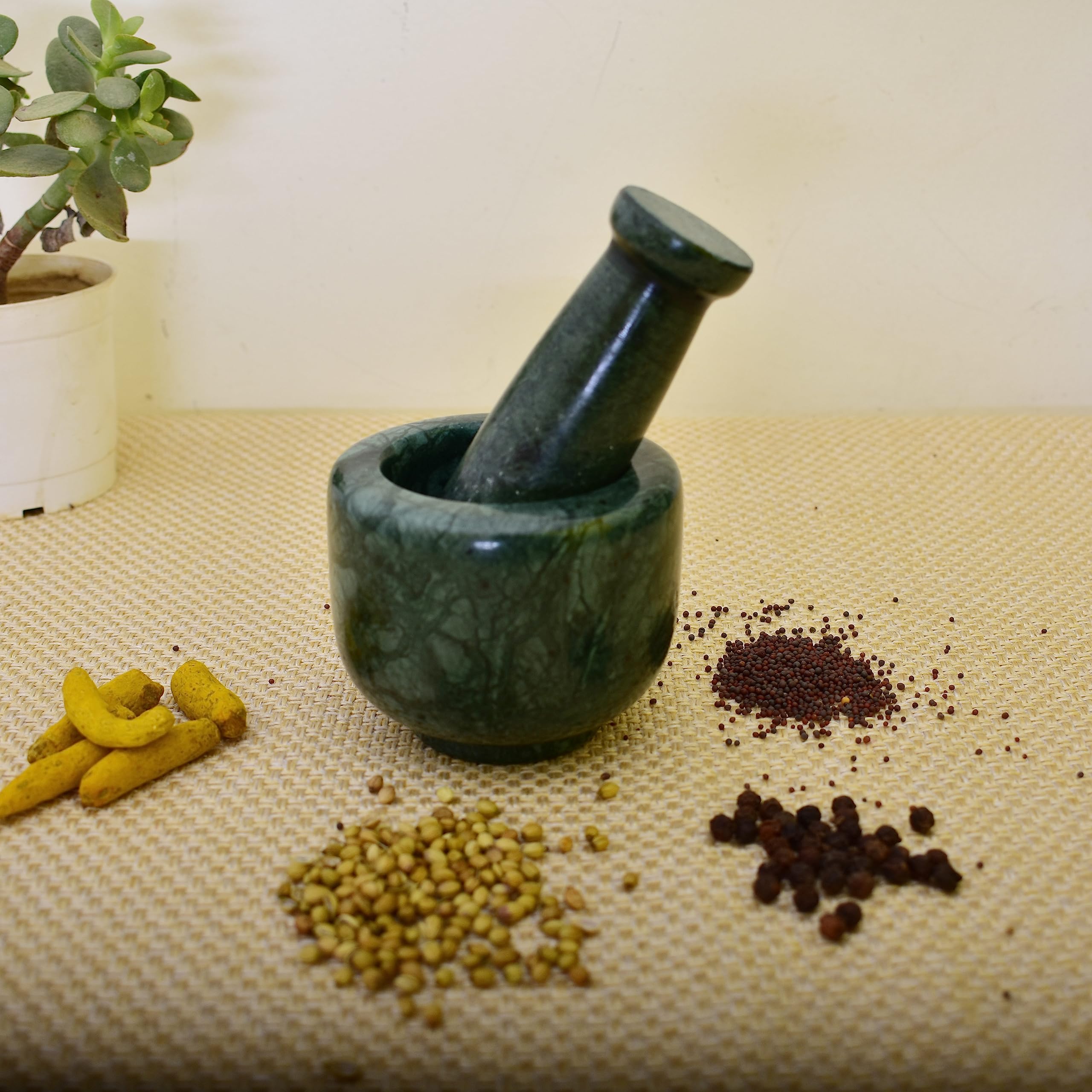 KunhaR Natural Green Marble Mortar and Pestle Set 3 x 2.5 Inches Full Polish – Imam Dasta Ohkli Musal Kharal Spice Grinder - Image 4
