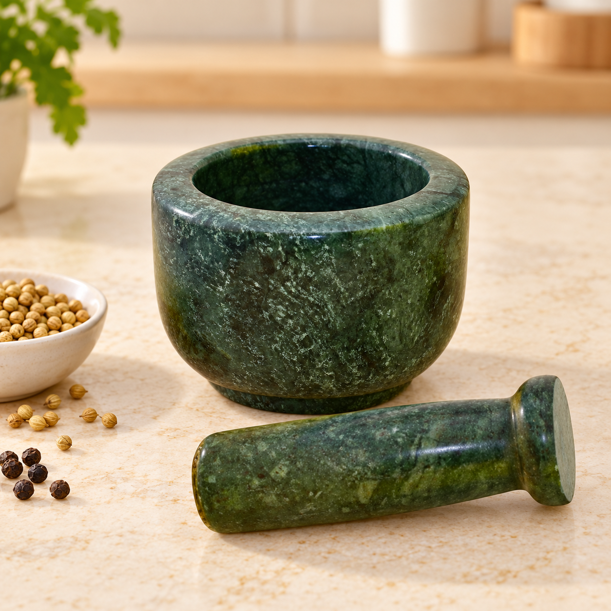 KunhaR Natural Green Marble Mortar and Pestle Set 3 x 2.5 Inches Full Polish – Imam Dasta Ohkli Musal Kharal Spice Grinder