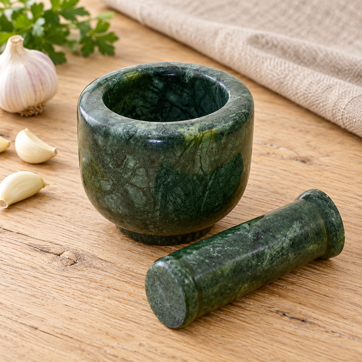 KunhaR Natural Green Marble Mortar and Pestle Set 3 x 2.5 Inches Full Polish – Imam Dasta Ohkli Musal Kharal Spice Grinder - Image 2