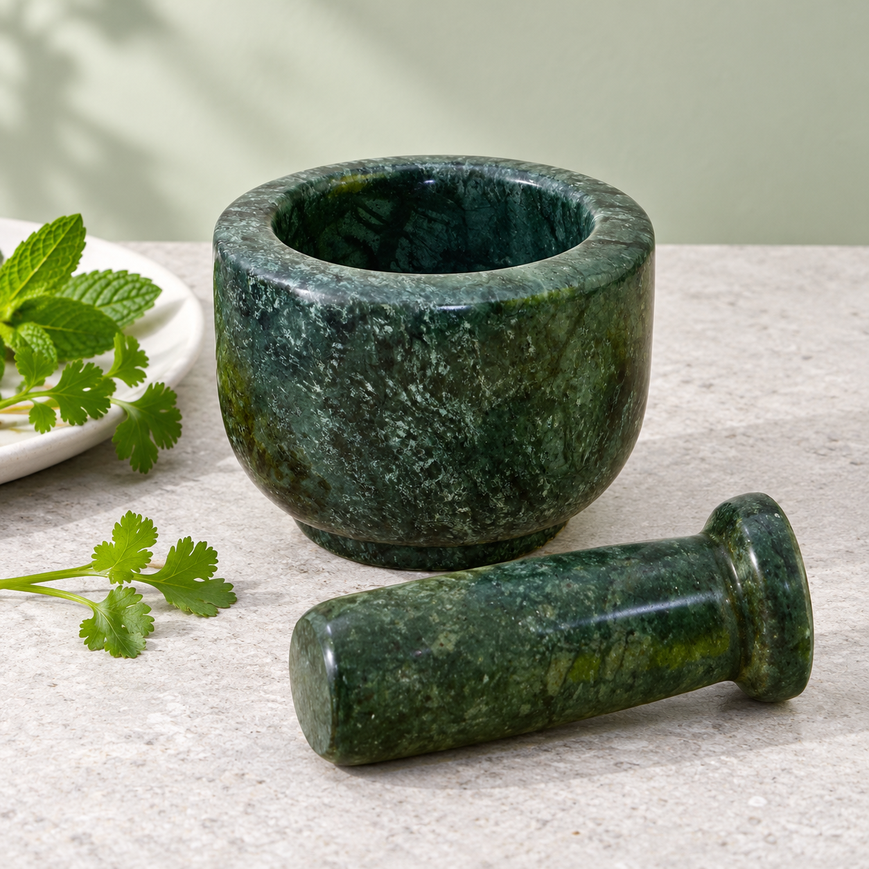 KunhaR Natural Green Marble Mortar and Pestle Set 3 x 2.5 Inches Full Polish – Imam Dasta Ohkli Musal Kharal Spice Grinder - Image 3