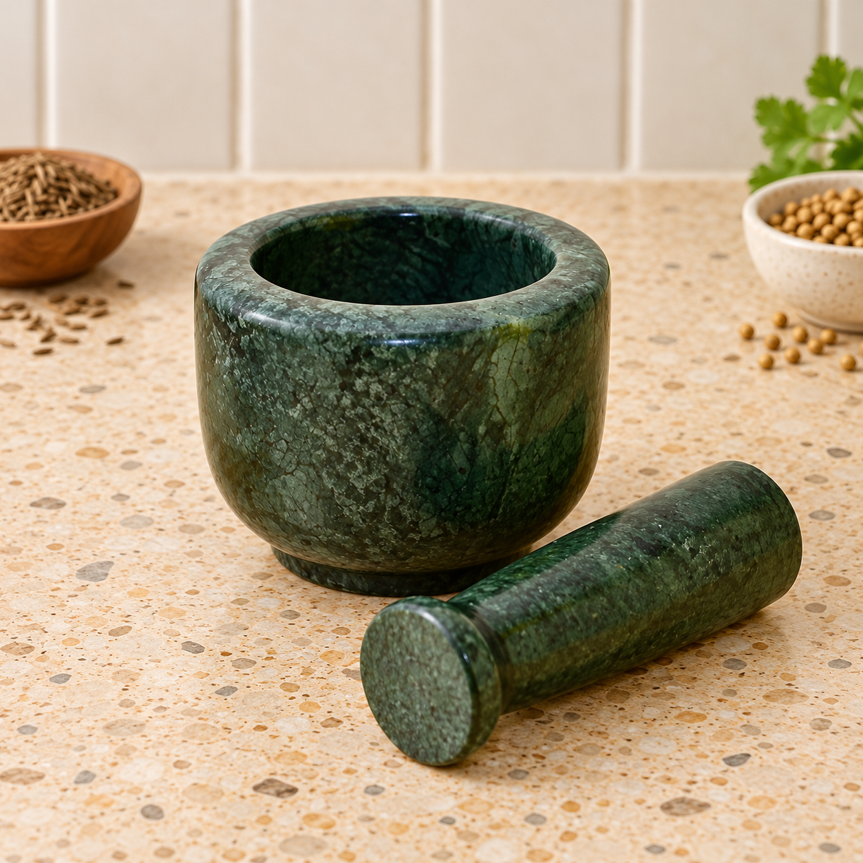 KunhaR Natural Green Marble Mortar and Pestle Set 3 x 2.5 Inches Full Polish – Imam Dasta Ohkli Musal Kharal Spice Grinder - Image 4