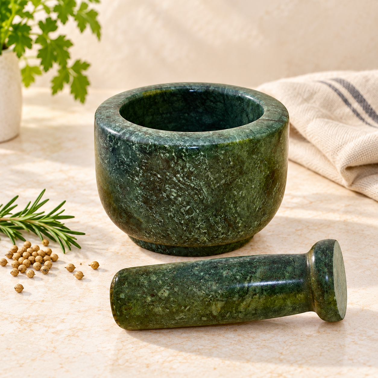 KunhaR Natural Green Marble Mortar and Pestle Set 3 x 2.5 Inches Full Polish – Imam Dasta Ohkli Musal Kharal Spice Grinder - Image 5