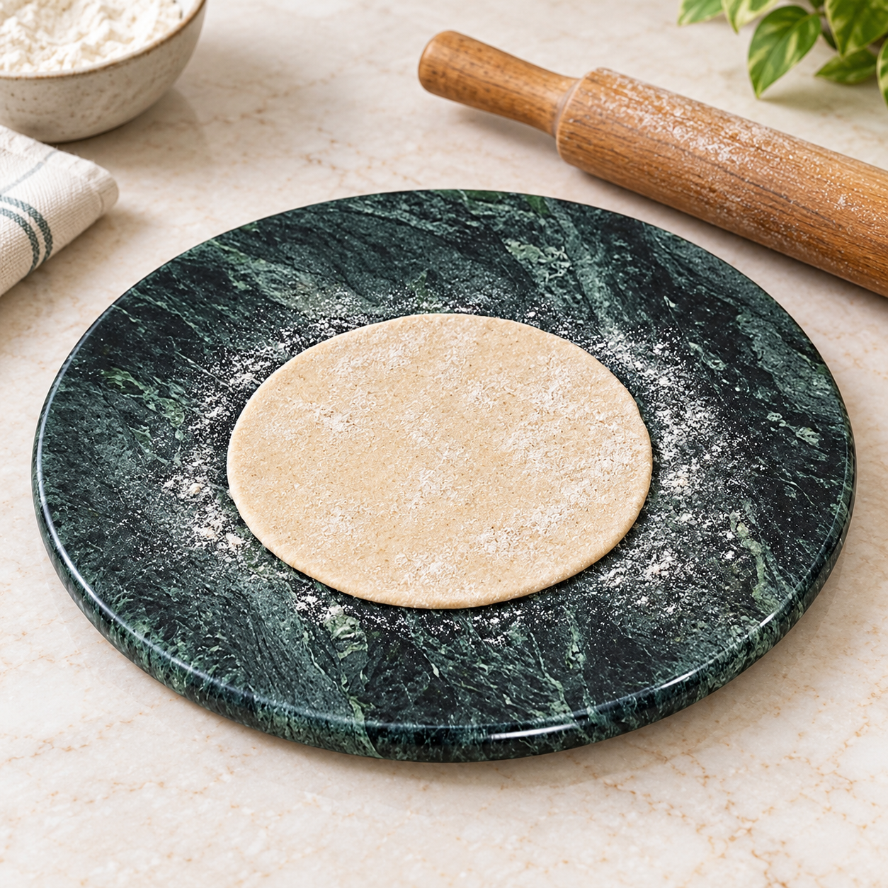 KunhaR Green Marble Chakla/Rolling Pin Board/Roti Maker/Phulka Maker/Chapati Maker/papad chakla for Home & Kitchen, 9 Inch - Image 3