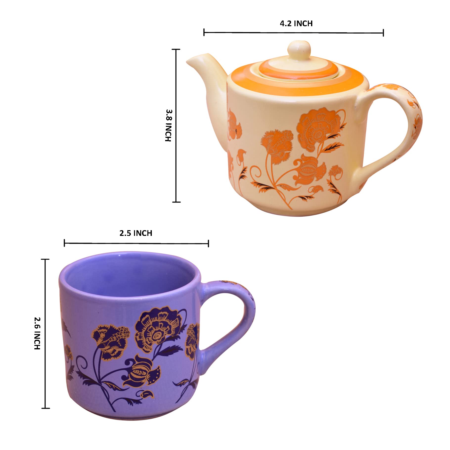 Kunhar Ceramic 6 Cups and 1 Kettle Tea Cup Set - Multicolor - Image 2