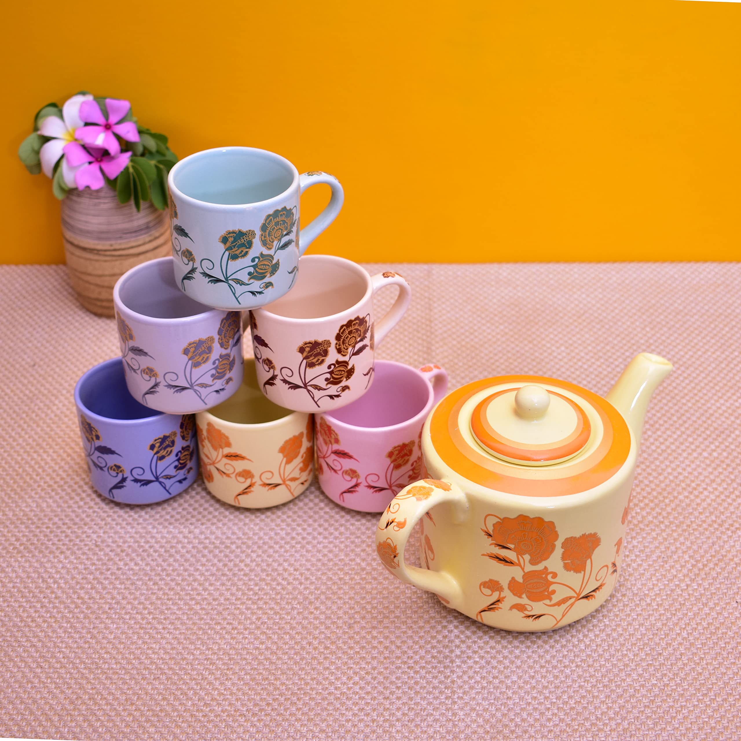 Kunhar Ceramic 6 Cups and 1 Kettle Tea Cup Set - Multicolor - Image 3