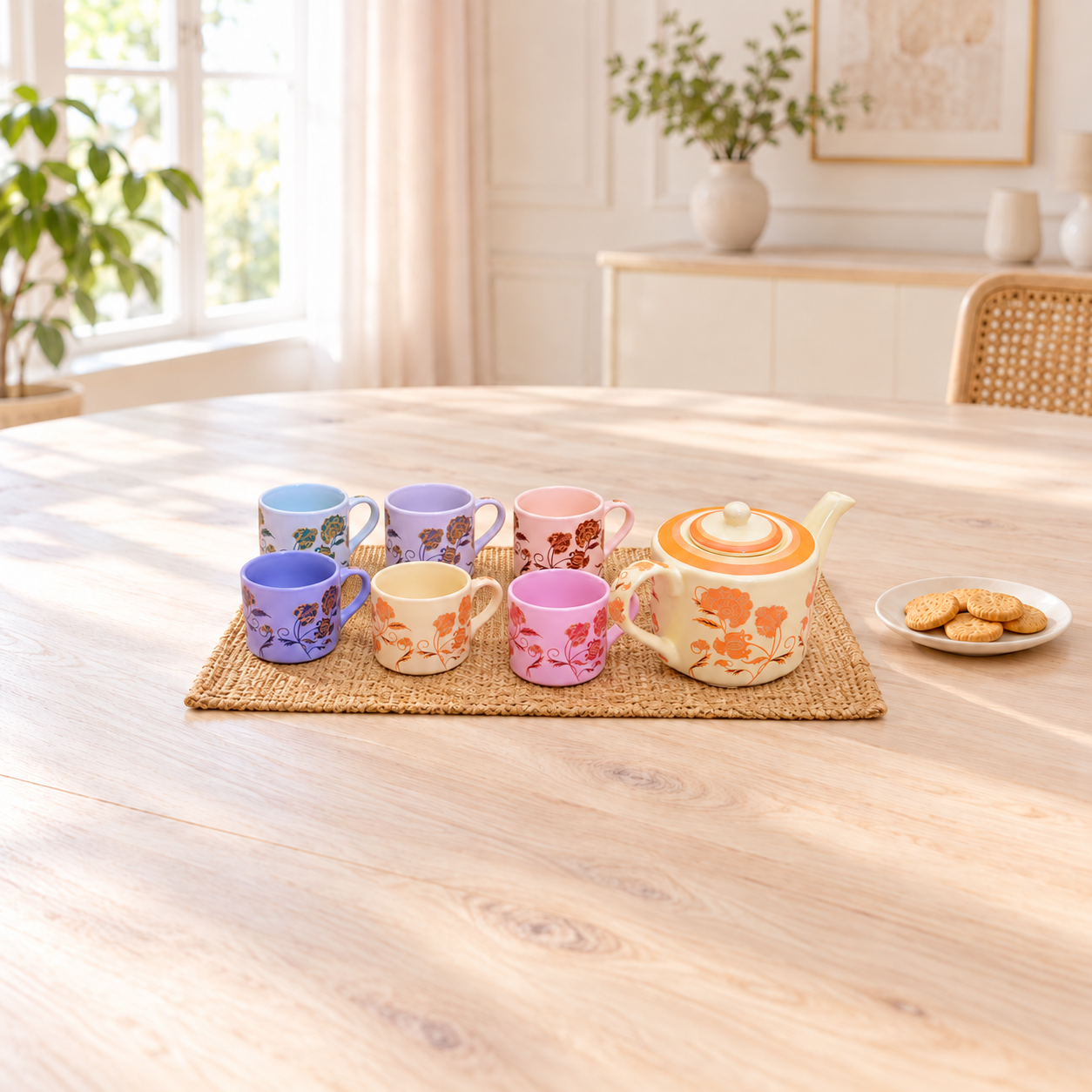 Kunhar Ceramic 6 Cups and 1 Kettle Tea Cup Set - Multicolor