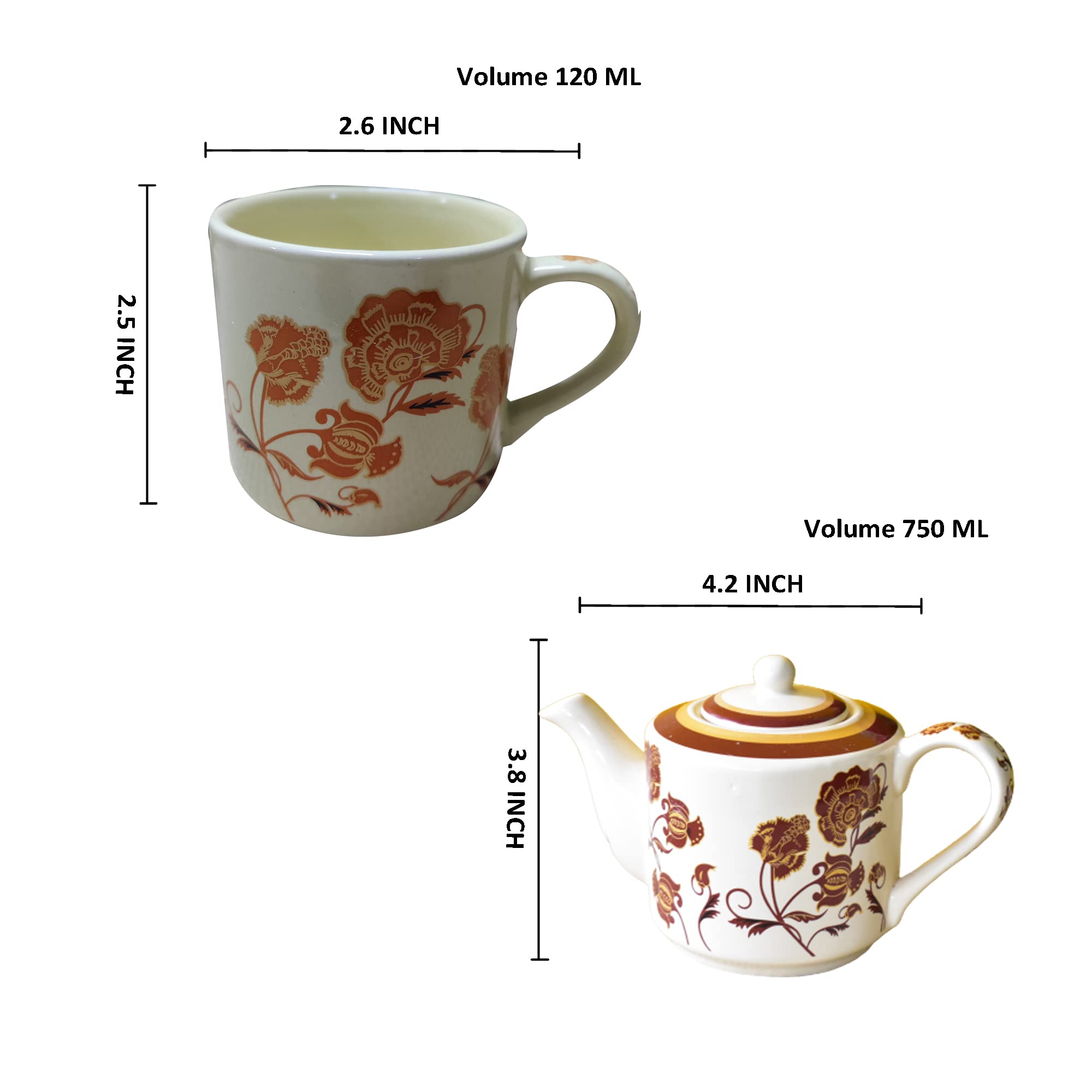 Kunhar Ceramic 6 Cups and 1 Kettle Tea Cup Set - Multicolor - Image 2