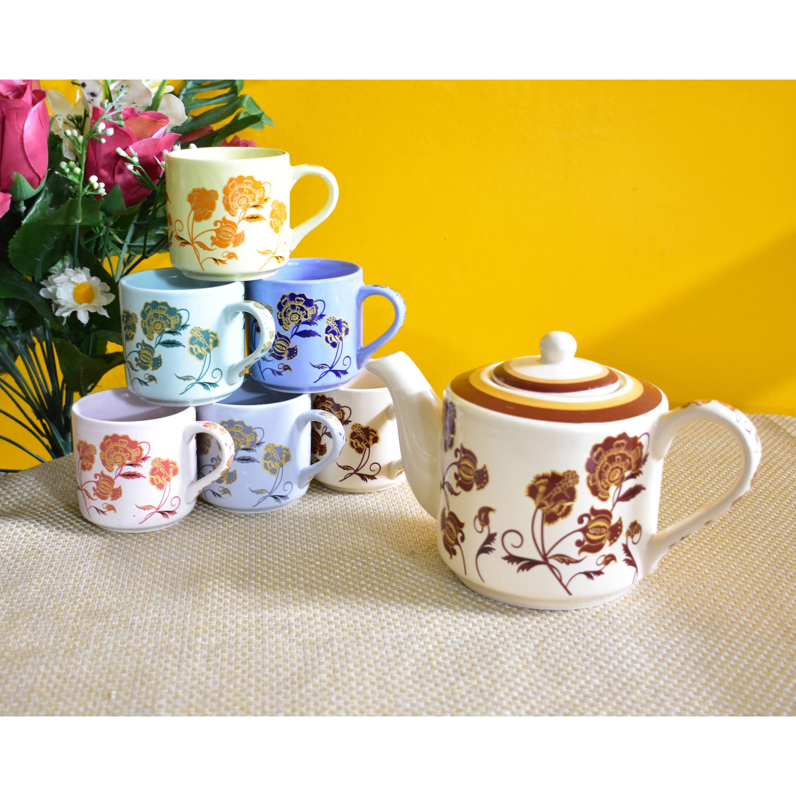 Kunhar Ceramic 6 Cups and 1 Kettle Tea Cup Set - Multicolor - Image 3