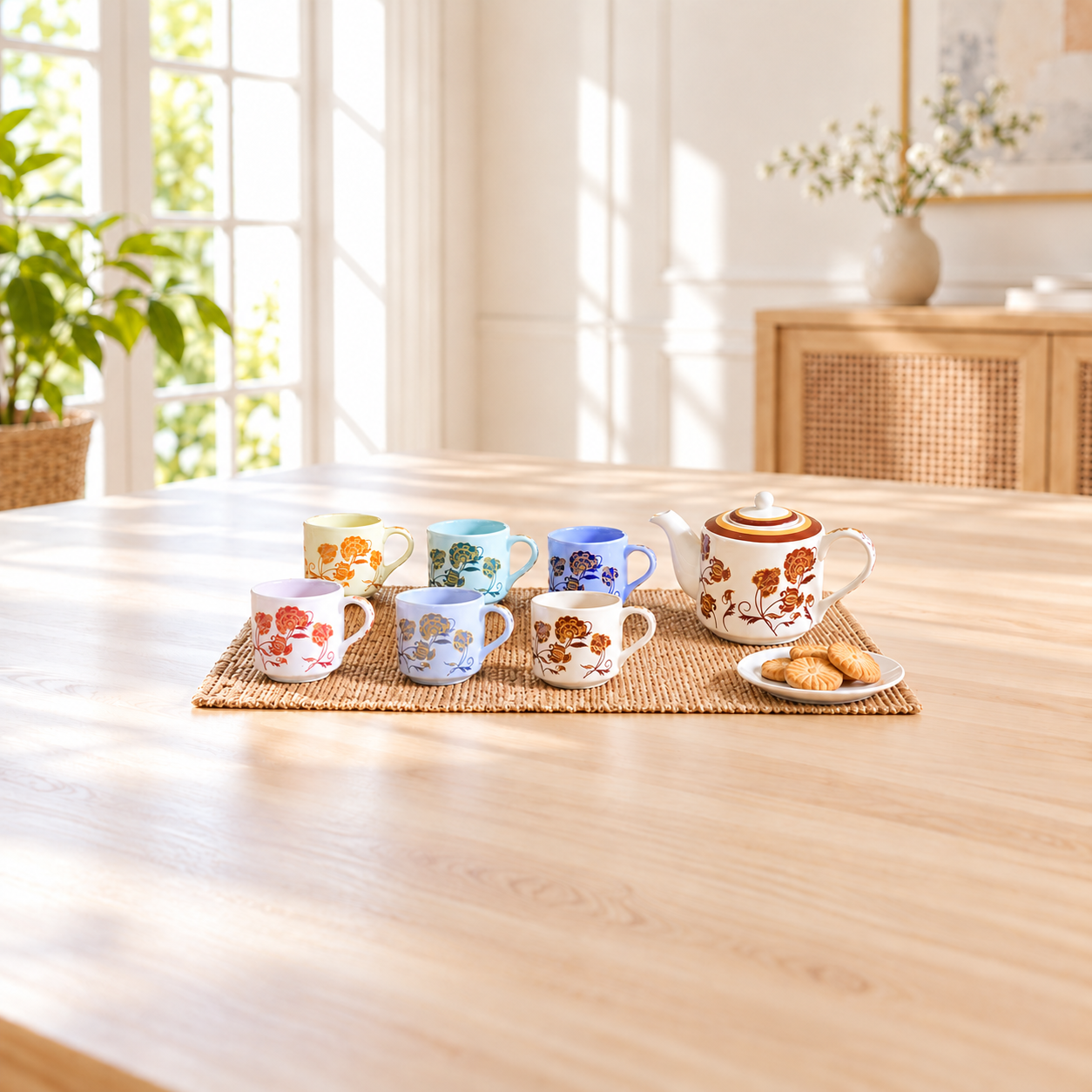 Kunhar Ceramic 6 Cups and 1 Kettle Tea Cup Set - Multicolor