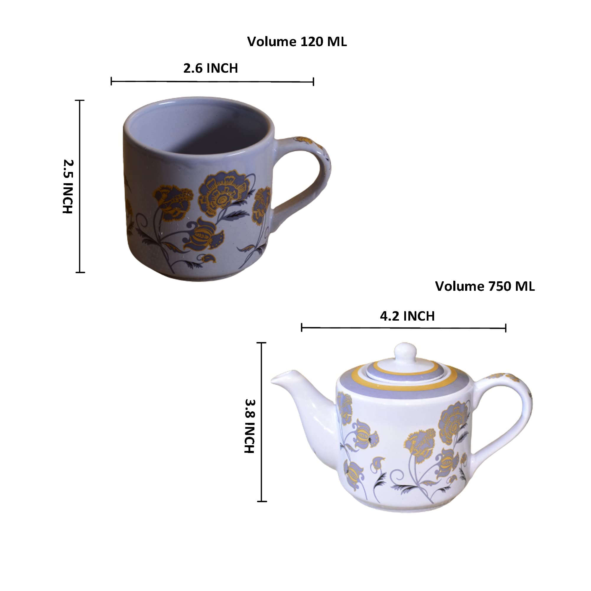 Kunhar Ceramic 6 Cups and 1 Kettle Tea Cup Set - Multicolor - Image 2