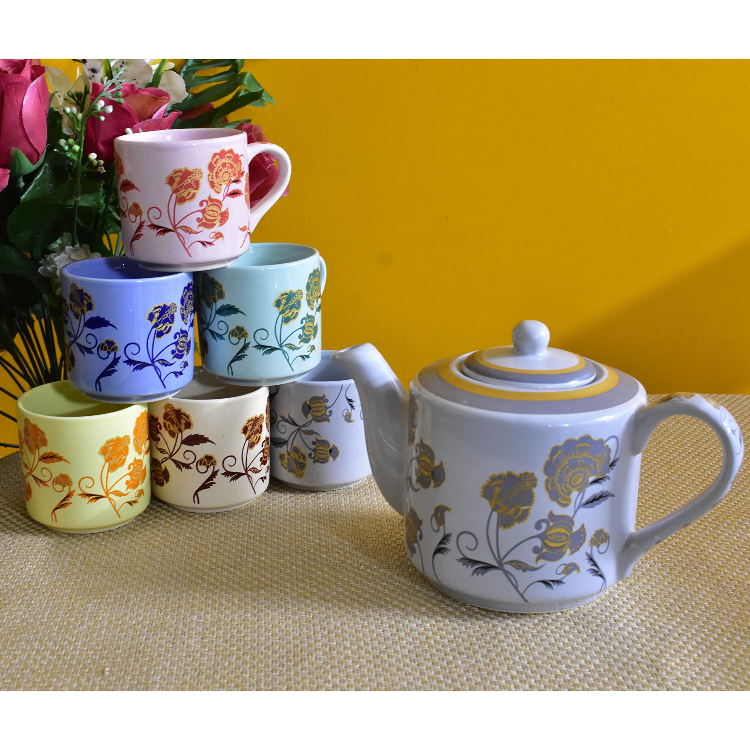 Kunhar Ceramic 6 Cups and 1 Kettle Tea Cup Set - Multicolor - Image 3