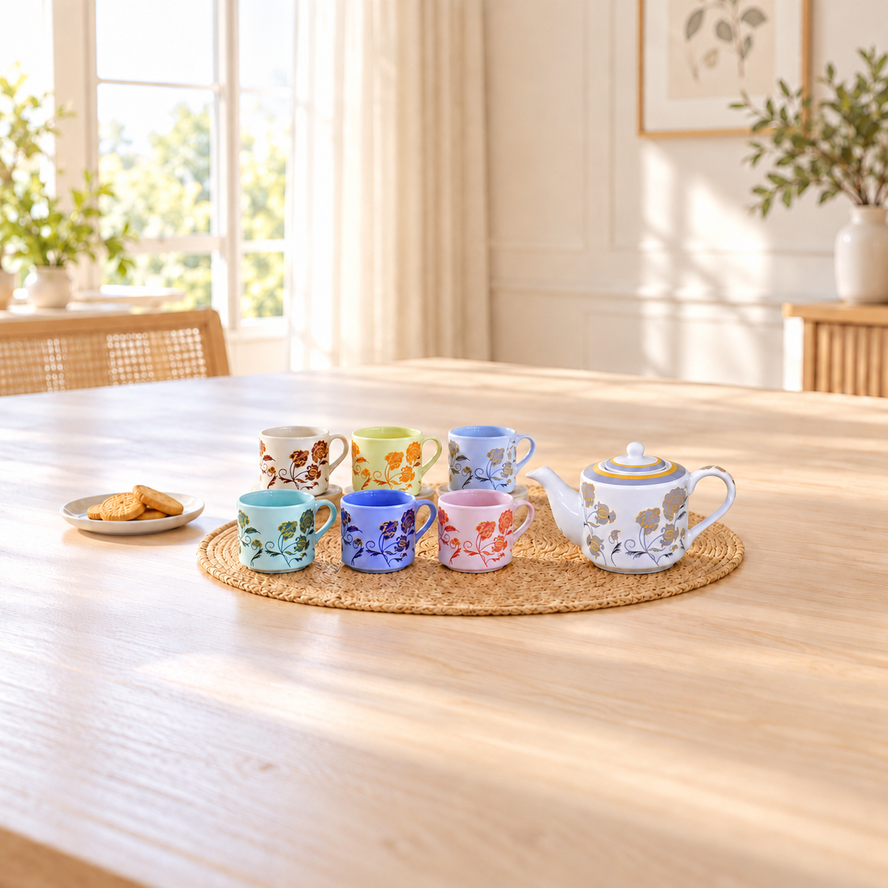 Kunhar Ceramic 6 Cups and 1 Kettle Tea Cup Set - Multicolor