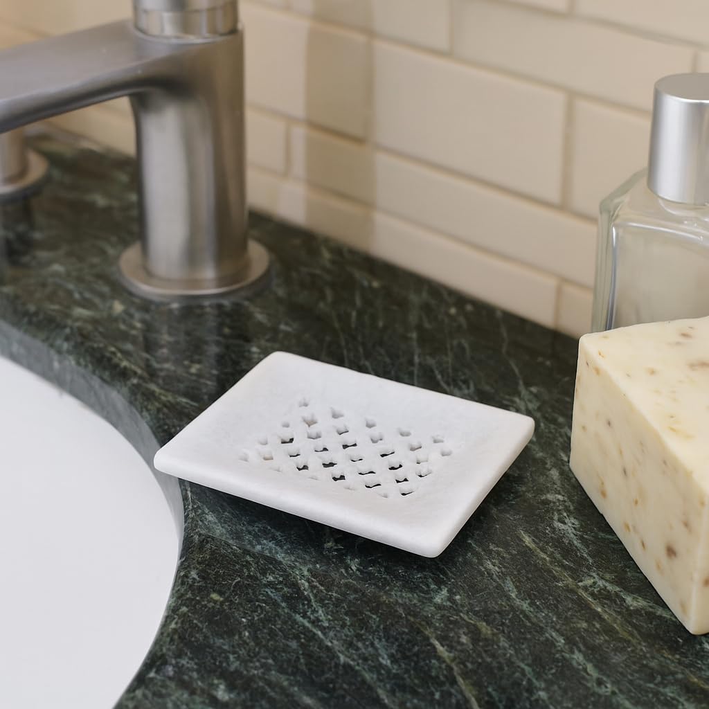 KunhaR White Marble Soap Dish Holder Elegant Bathroom & Wash Basin Accessory (2.8 x 3.9 Inch) - Image 3