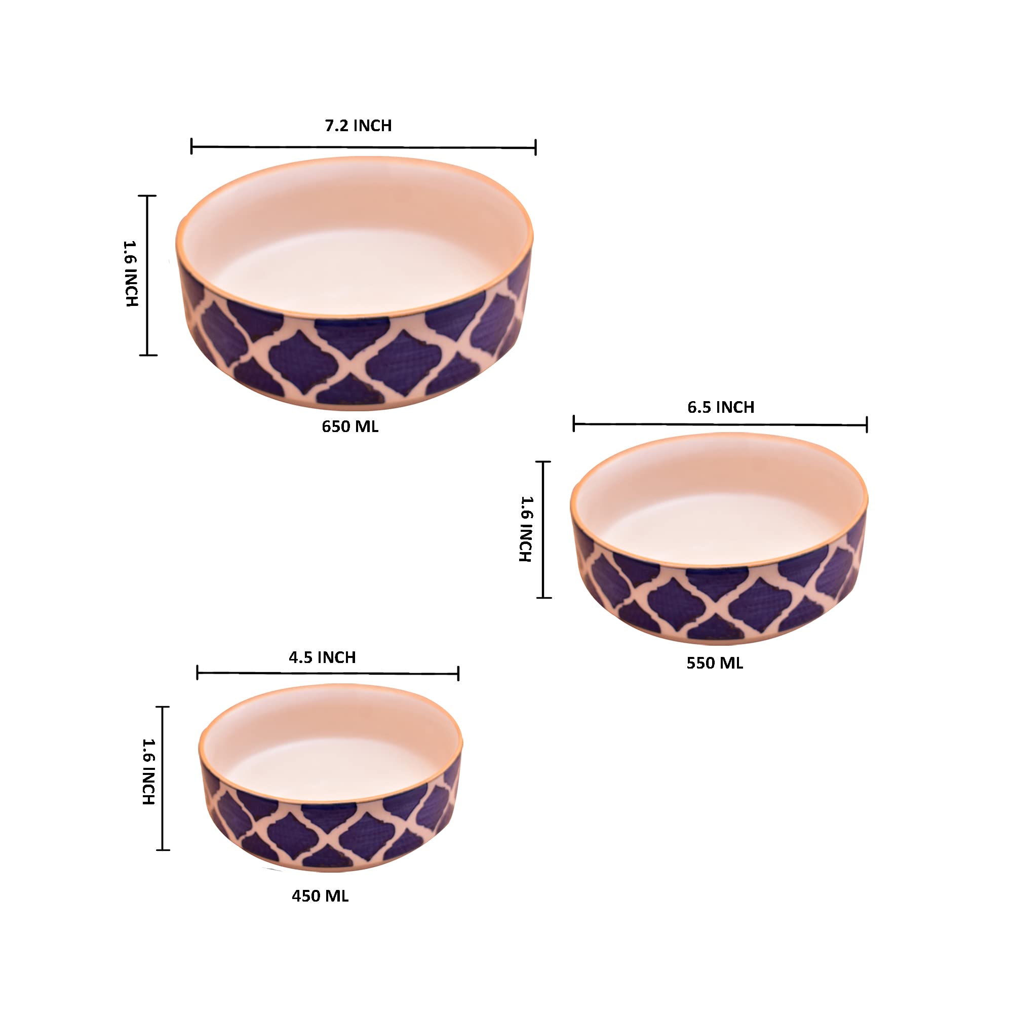 Kunhar Ceramic Bowls Set for Snacks Ceramic Serving Bowl Set for Dinner - 650 ML, 550 ML and 400 ML, 3 Pieces, Blue - Image 2