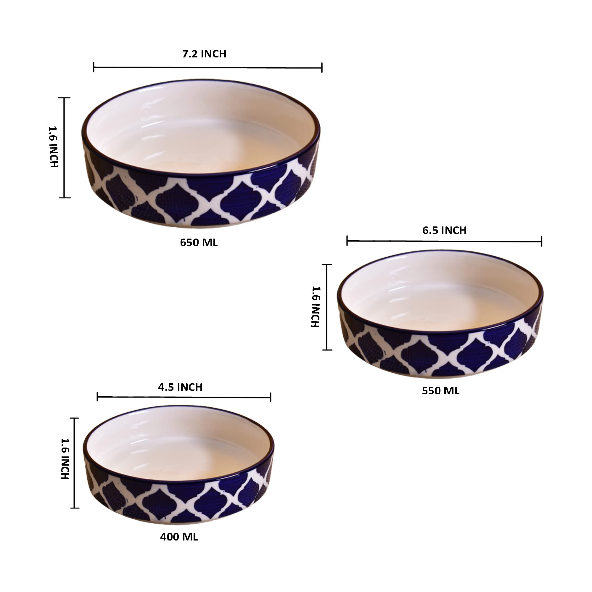 Kunhar Ceramic Bowls Set for Snacks Ceramic Serving Bowl Set for Dinner - 650 ML, 550 ML and 400 ML, 3 Pieces, Blue - Image 2