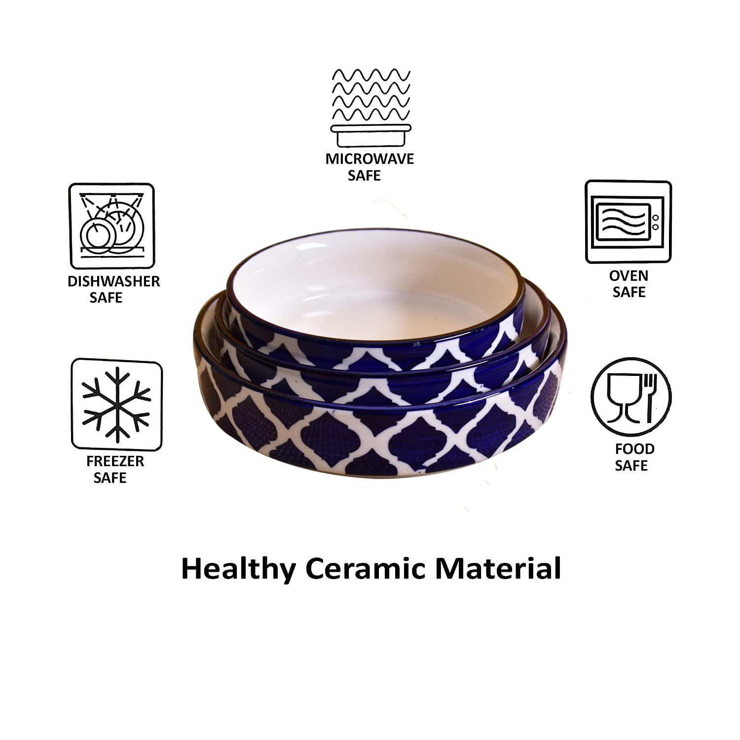Kunhar Ceramic Bowls Set for Snacks Ceramic Serving Bowl Set for Dinner - 650 ML, 550 ML and 400 ML, 3 Pieces, Blue - Image 7