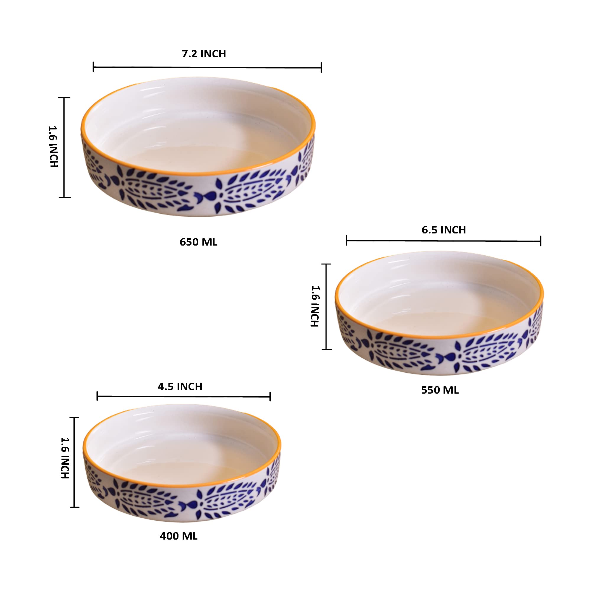 Kunhar Ceramic Bowls Set for Snacks Ceramic Serving Bowl Set for Dinner - 650 ML, 550 ML and 400 ML, 3 Pieces, Yellow Blue - Image 2