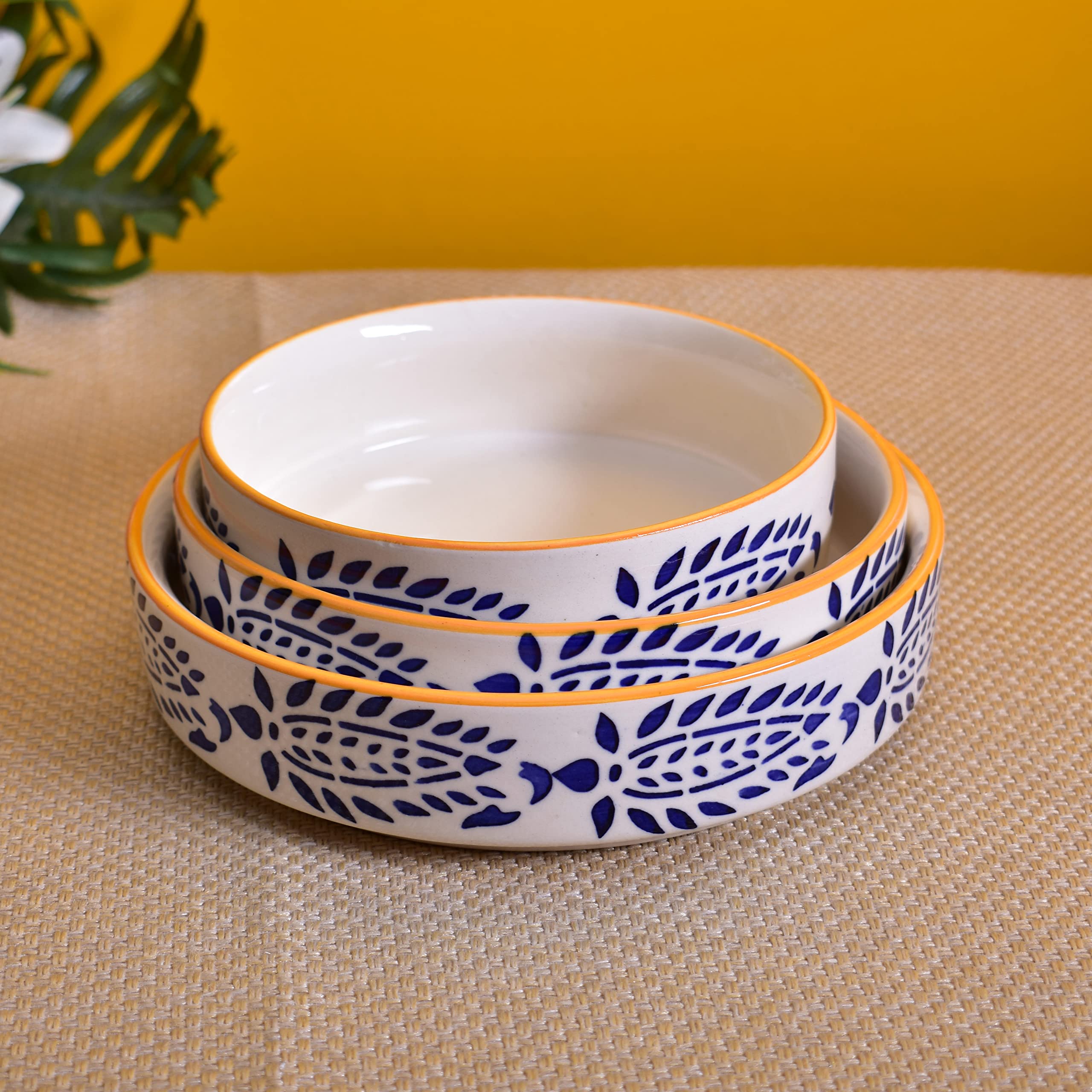 Kunhar Ceramic Bowls Set for Snacks Ceramic Serving Bowl Set for Dinner - 650 ML, 550 ML and 400 ML, 3 Pieces, Yellow Blue - Image 3