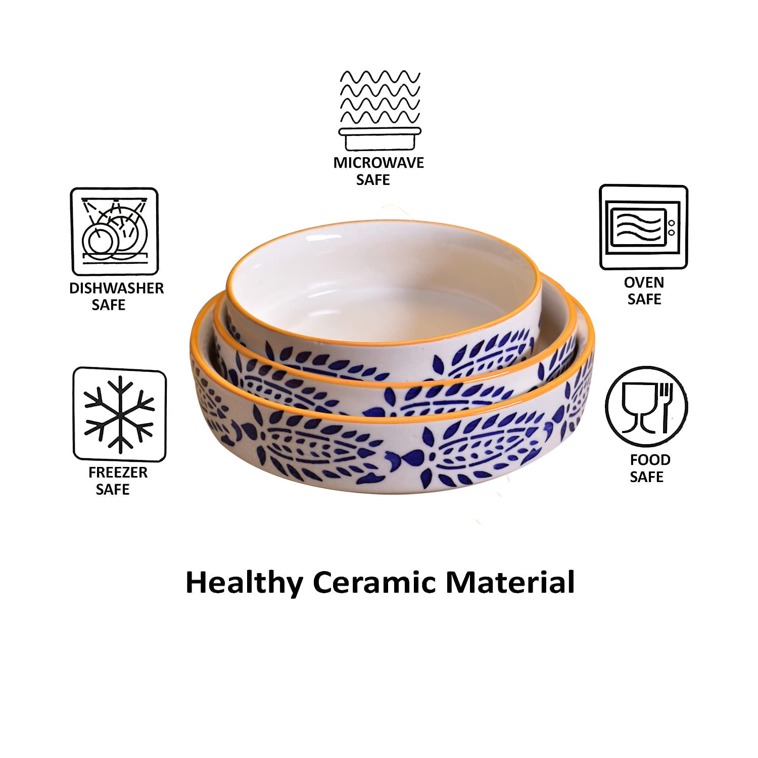 Kunhar Ceramic Bowls Set for Snacks Ceramic Serving Bowl Set for Dinner - 650 ML, 550 ML and 400 ML, 3 Pieces, Yellow Blue - Image 7
