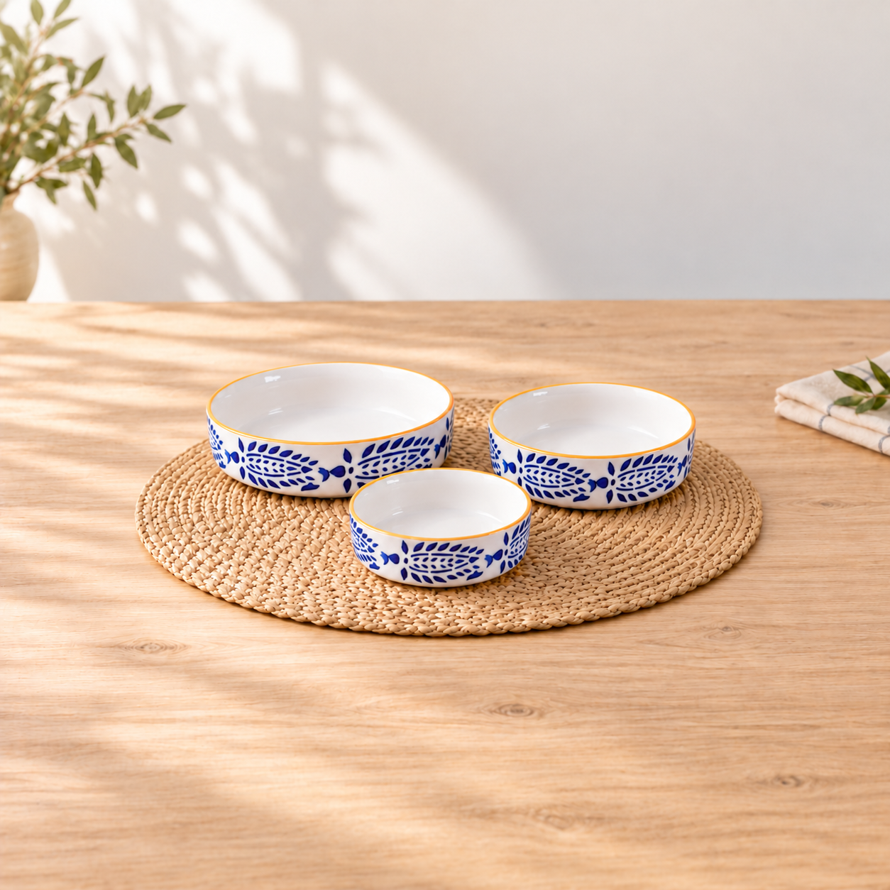 Kunhar Ceramic Bowls Set for Snacks Ceramic Serving Bowl Set for Dinner - 650 ML, 550 ML and 400 ML, 3 Pieces, Yellow Blue