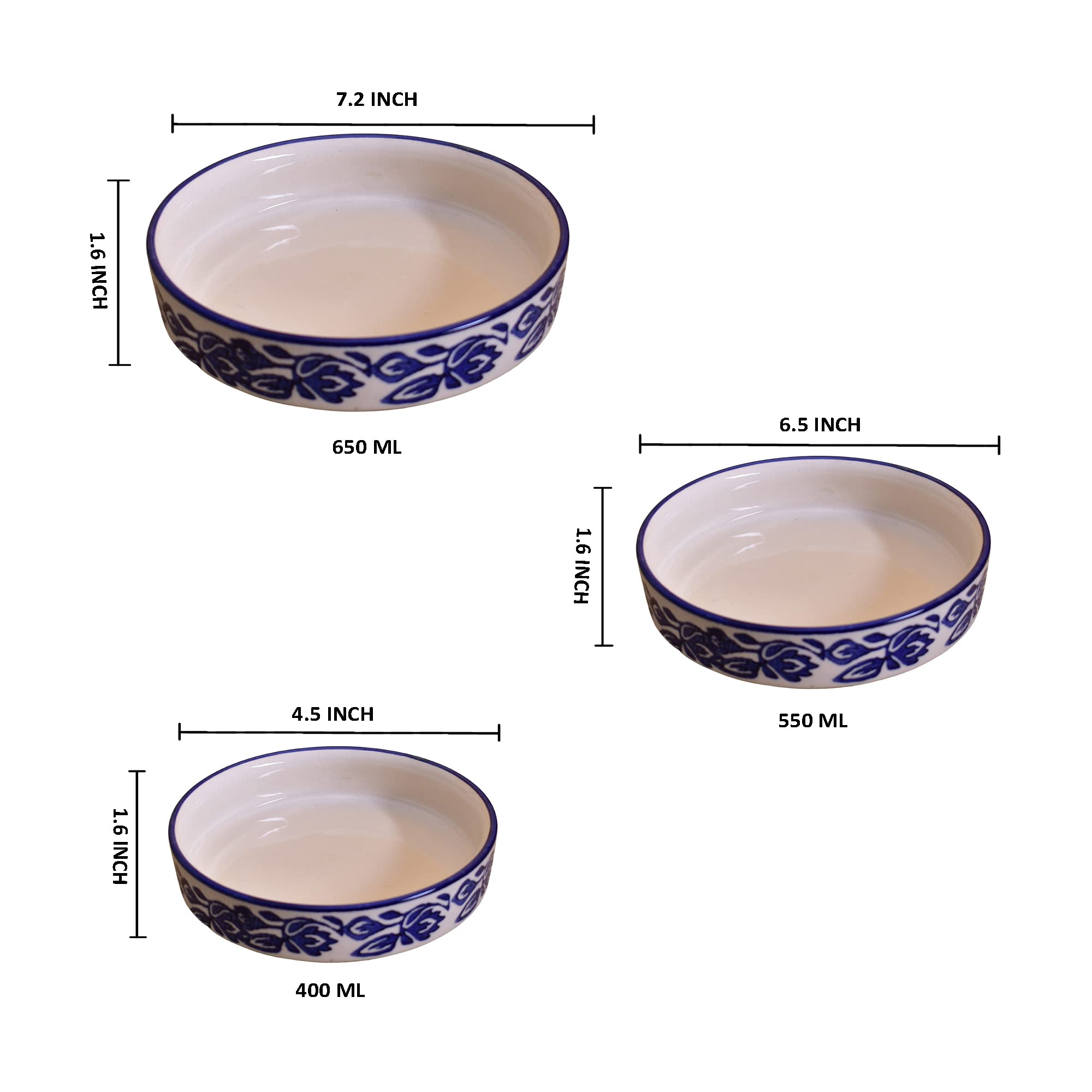 Kunhar Ceramic Bowls Set for Snacks Ceramic Serving Bowl Set for Dinner - 650 ML, 550 ML and 400 ML, 3 Pieces, Blue Vine - Image 2