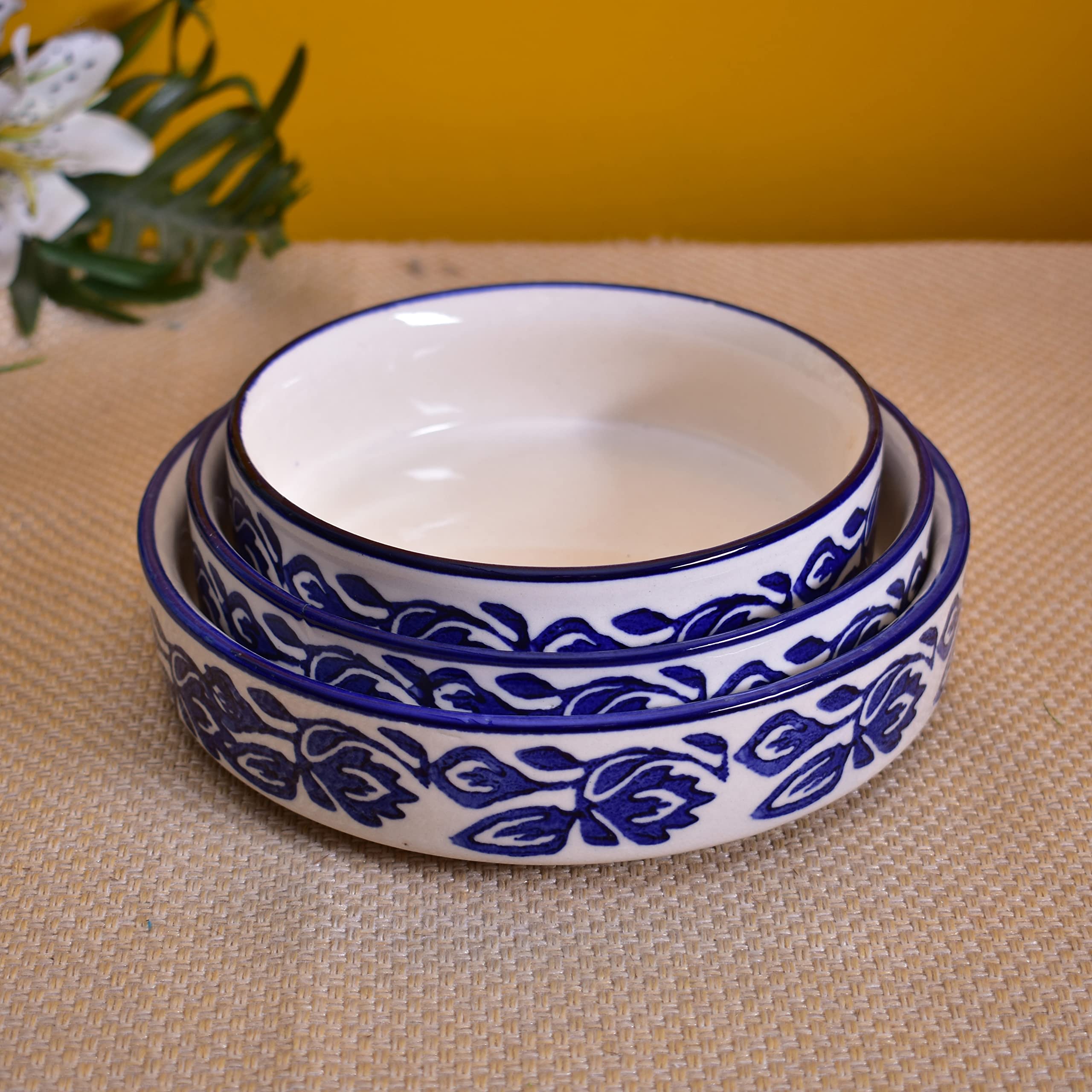 Kunhar Ceramic Bowls Set for Snacks Ceramic Serving Bowl Set for Dinner - 650 ML, 550 ML and 400 ML, 3 Pieces, Blue Vine - Image 3