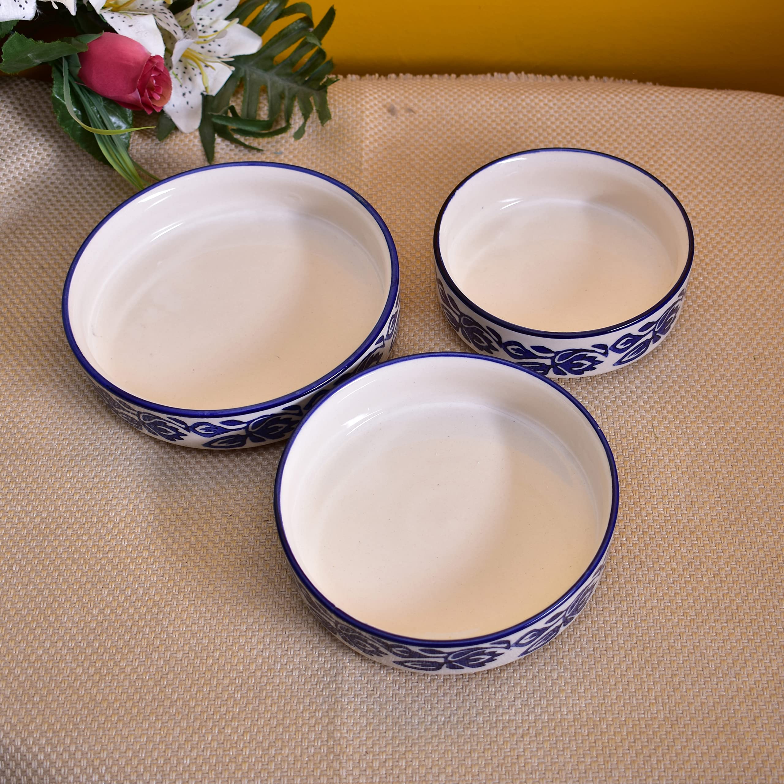 Kunhar Ceramic Bowls Set for Snacks Ceramic Serving Bowl Set for Dinner - 650 ML, 550 ML and 400 ML, 3 Pieces, Blue Vine - Image 4