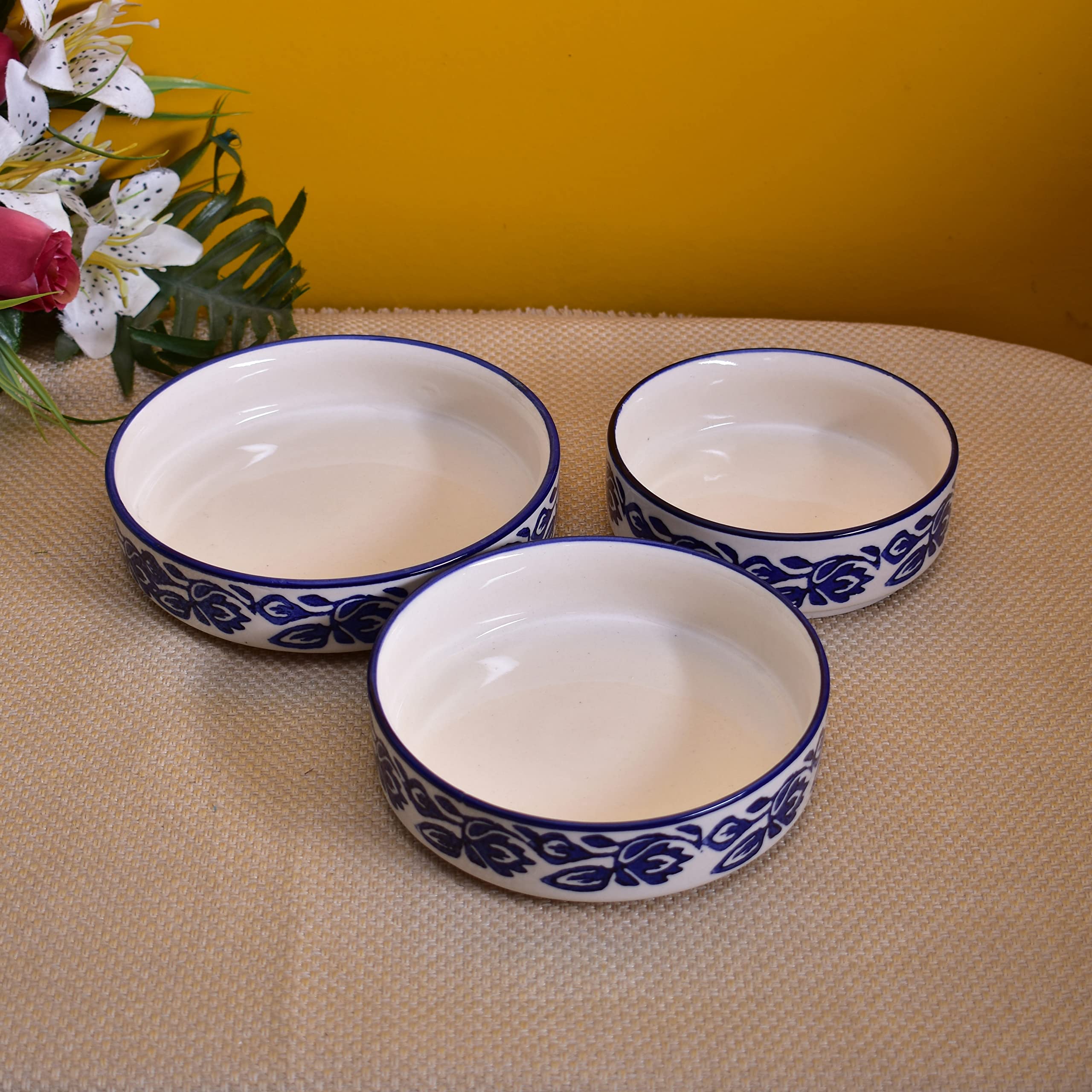 Kunhar Ceramic Bowls Set for Snacks Ceramic Serving Bowl Set for Dinner - 650 ML, 550 ML and 400 ML, 3 Pieces, Blue Vine - Image 5