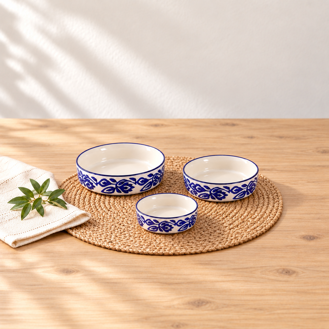 Kunhar Ceramic Bowls Set for Snacks Ceramic Serving Bowl Set for Dinner - 650 ML, 550 ML and 400 ML, 3 Pieces, Blue Vine