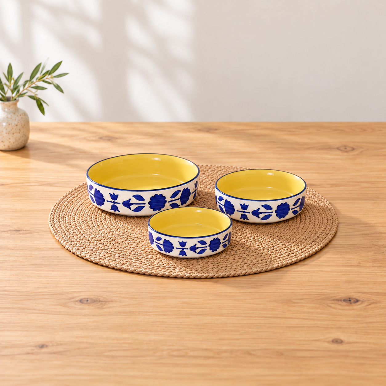 Kunhar Ceramic Bowls Set for Snacks Ceramic Serving Bowl Set for Dinner - 650 ML, 550 ML and 400 ML, 3 Pieces, Blue Flower