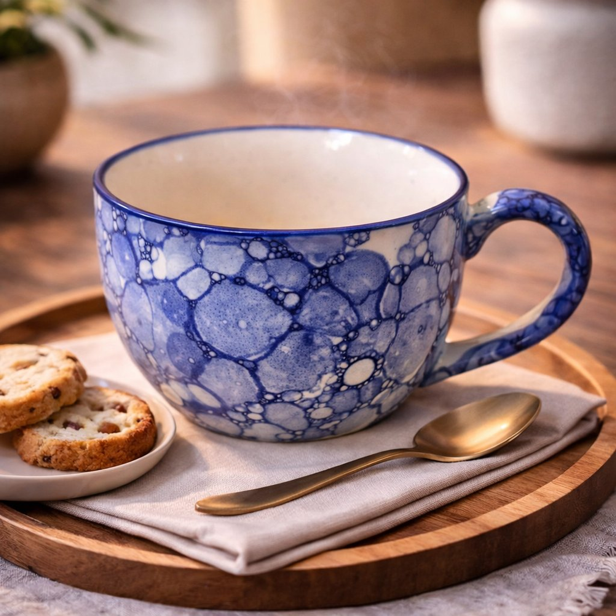 Kunhar Ceramic Jumbo Coffee Mug Soup Mug Noodle Mug - 350 ML - Microwave Safe & Freezer Safe, Set of 1, Blue Luster