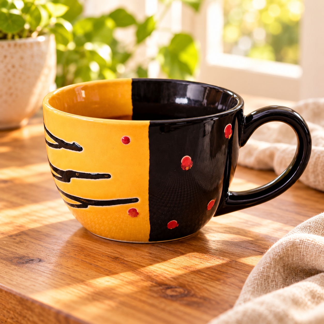 KunhaR Ceramic Jumbo Mug for Coffee, Soup & Noodles - 350 ml - Microwave Safe & Freezer Safe, Set of 1, Black Orange