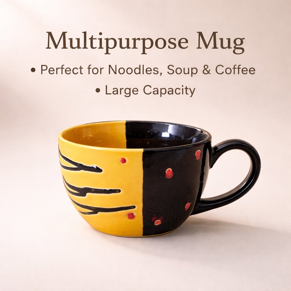 Kunhar Ceramic Jumbo Coffee Mug Soup Mug Noodle Mug - 350 ML - Microwave Safe & Freezer Safe, Set of 1, Black Orange - Image 6