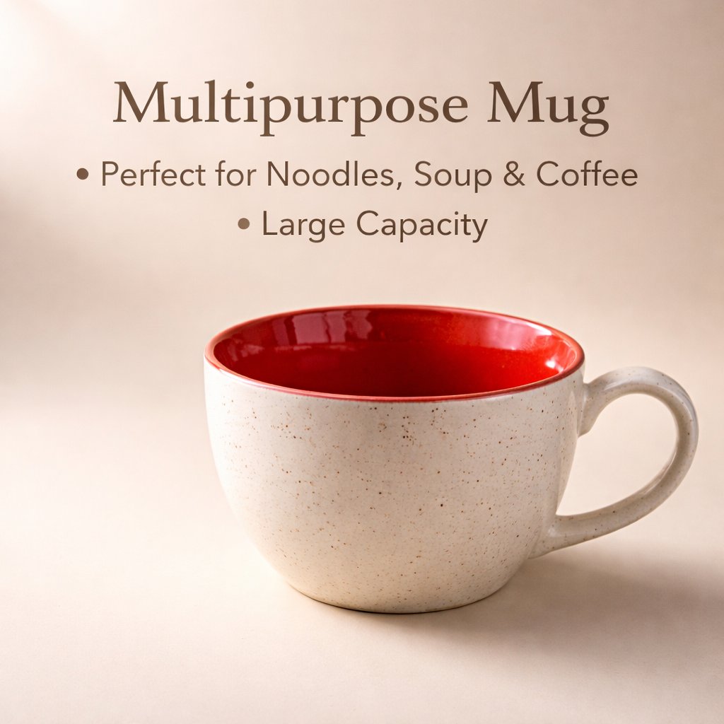 Kunhar Ceramic Jumbo Coffee Mug Soup Mug Noodle Mug - 350 ML - Microwave Safe & Freezer Safe, Set of 1, White Red - Image 6
