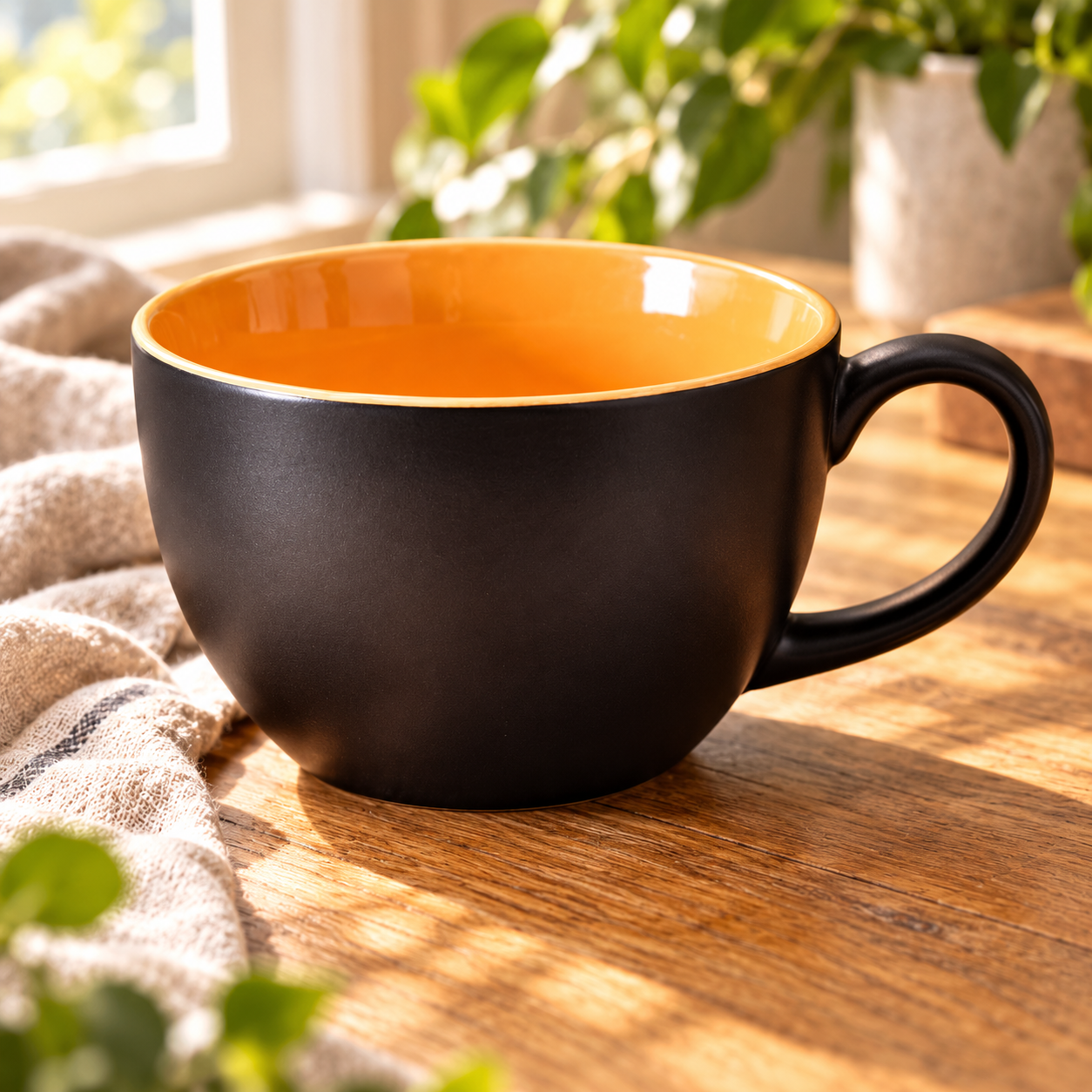 KunhaR Ceramic Jumbo Mug for Coffee, Soup & Noodles - 350 ml - Microwave Safe & Freezer Safe, Set of 1, Black Orange Matte