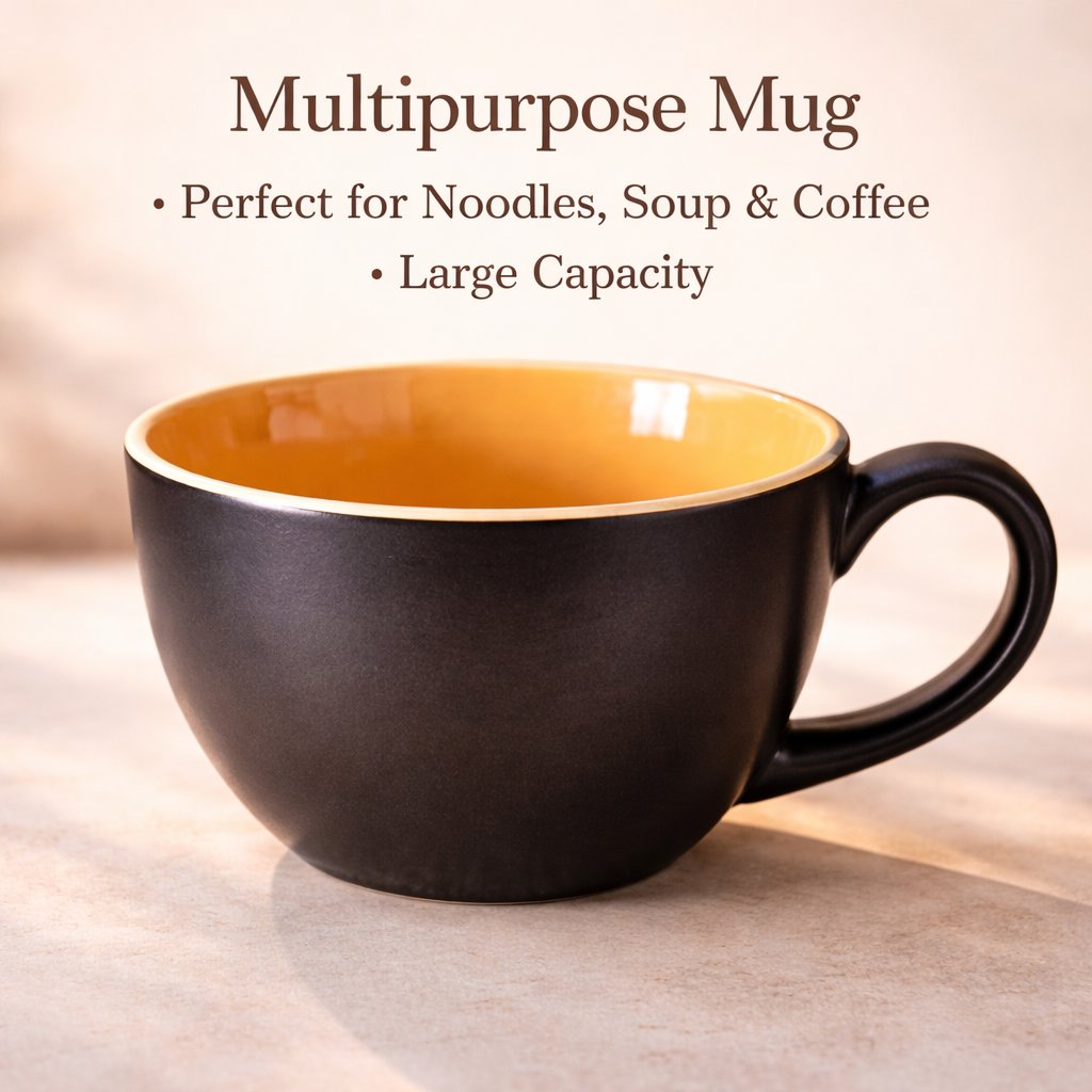 Kunhar Ceramic Jumbo Coffee Mug Soup Mug Noodle Mug - 350 ML - Microwave Safe & Freezer Safe, Set of 1, Black Orange Matte - Image 6