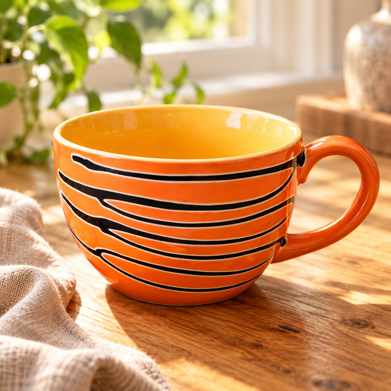KunhaR Ceramic Jumbo Mug for Coffee, Soup & Noodles - 350 ml - Microwave Safe & Freezer Safe, Set of 1, Orange Line