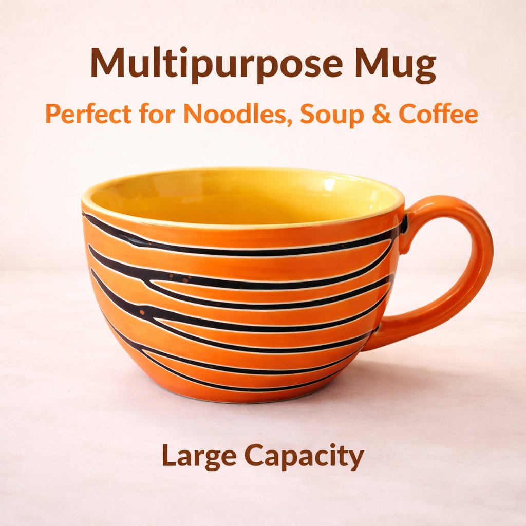 Kunhar Ceramic Jumbo Coffee Mug Soup Mug Noodle Mug - 350 ML - Microwave Safe & Freezer Safe, Set of 1, Orange Line - Image 6
